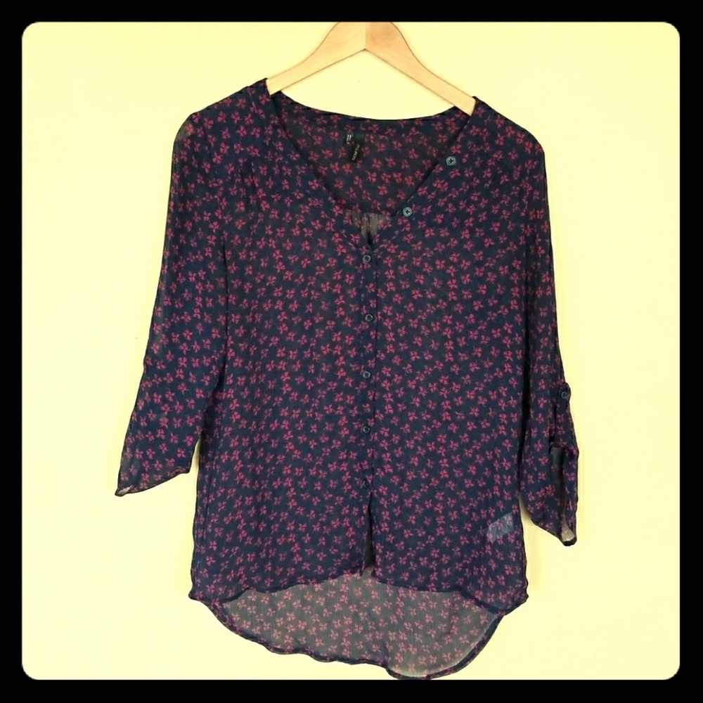 Sheer Navy Blouse with Fuschia Flower Print